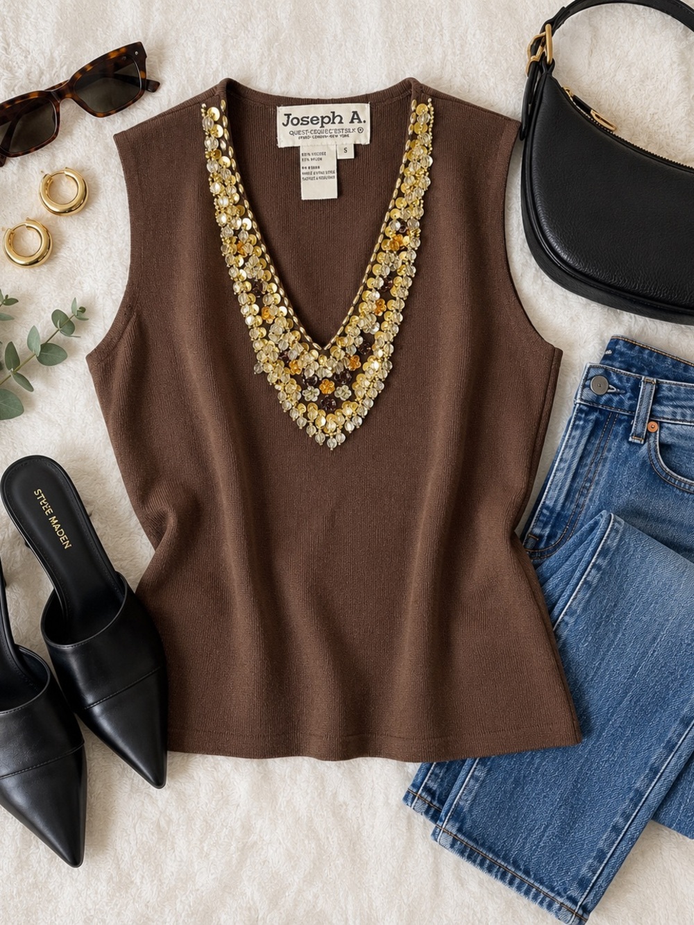 Joseph Brown V-Neck Sleeveless Knit Top with Beaded Trim